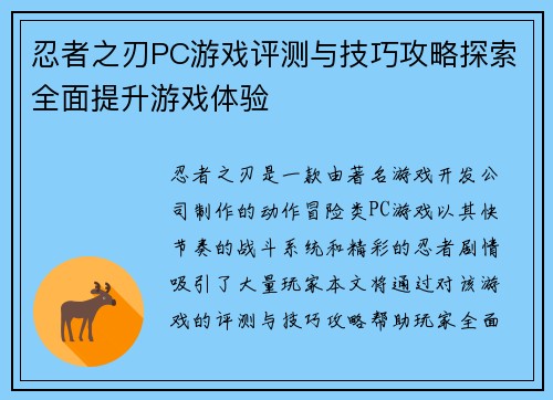 忍者之刃PC游戏评测与技巧攻略探索全面提升游戏体验 忍者之刃PC游戏评测与技巧攻略探索全面提升游戏体验